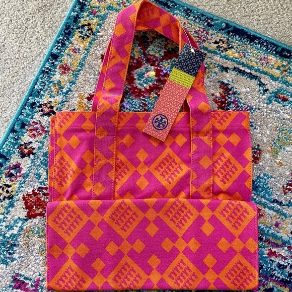 Tory Burch New Pink Orange Breast Cancer Canvas Tote Bag - Picture 2 of 12